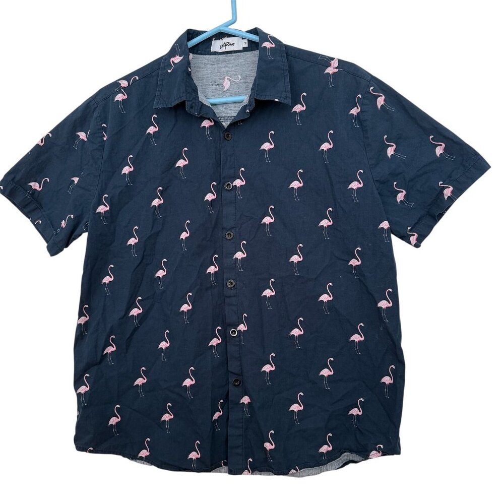 VATPAVE Mens Flamingo Hawaiian Shirt Size M Navy Pink Cotton‎ Golf Beach Resort